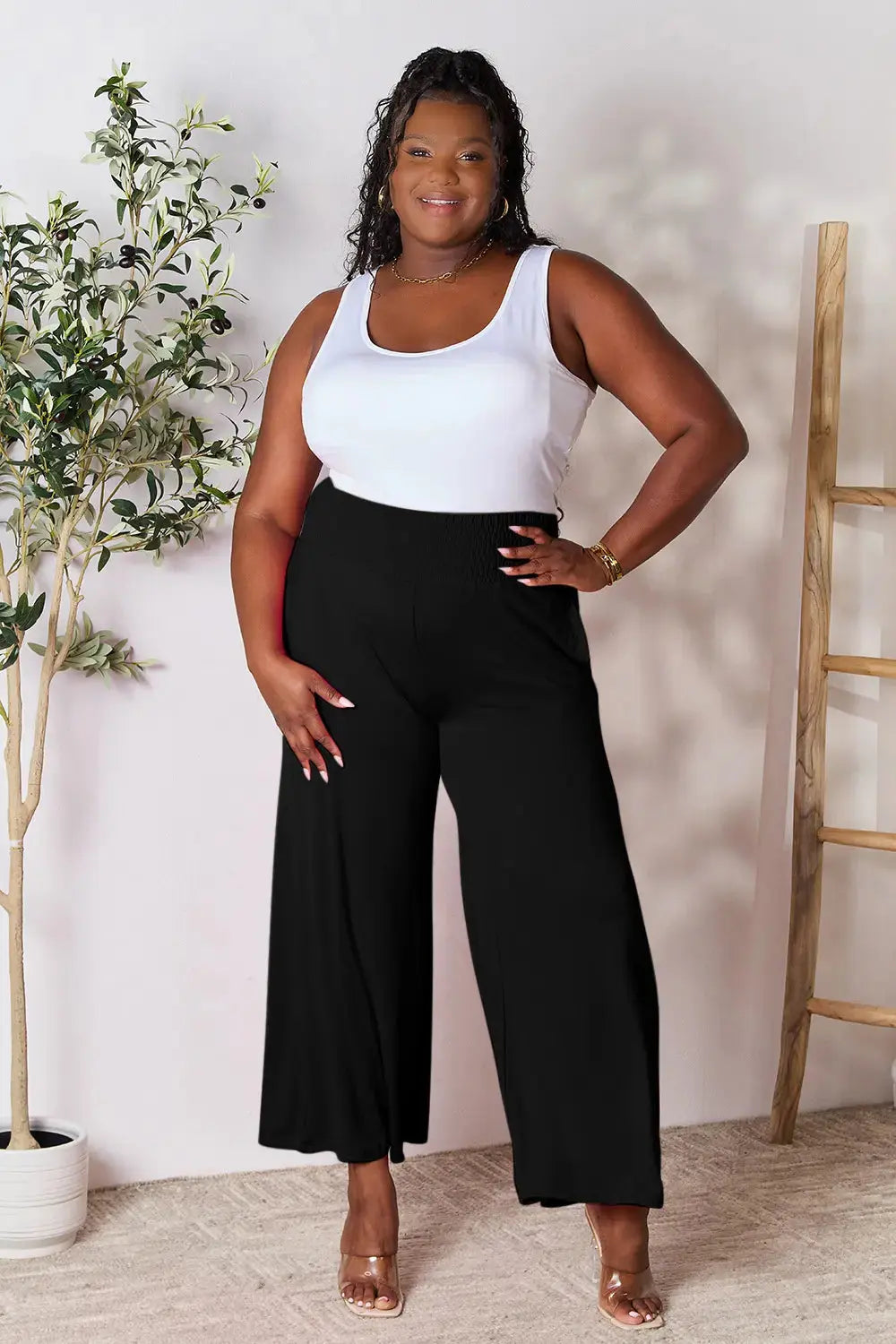 Basic Bae Full Size Smocked Wide Waistband Wide Leg Pants - Love Salve